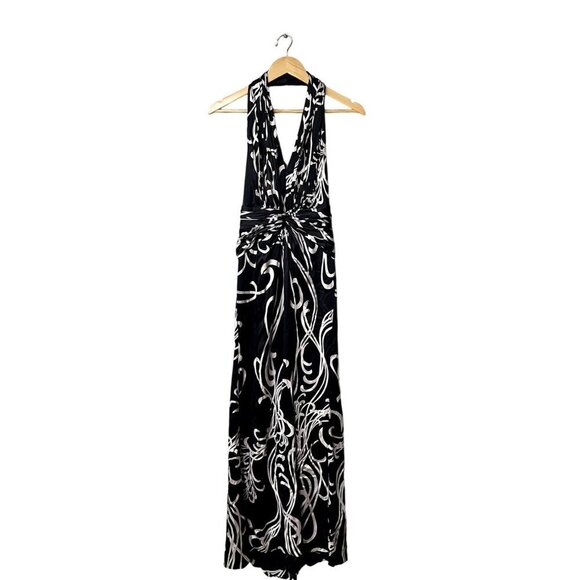 Tadashi Collection Sz6 Black White Abstract Printed Silk Halter Maxi Dress - Picture 2 of 9